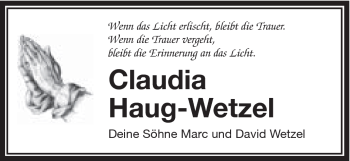 Traueranzeige von Claudia Haug-Wetzel von Schwäbische Post