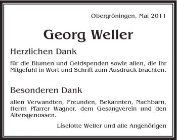 Traueranzeige von Georg Weller von Schwäbische Post