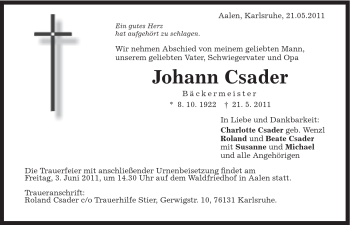 Traueranzeige von Johann Csader von Schwäbische Post