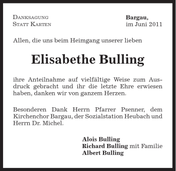 Traueranzeige von Elisabethe Bulling von Gmünder Tagespost