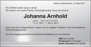 Traueranzeige von Johanna Arnhold von Schwäbische Post