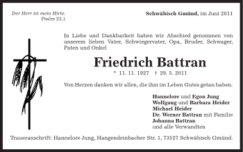 Traueranzeige von Friedrich Battran von 020
