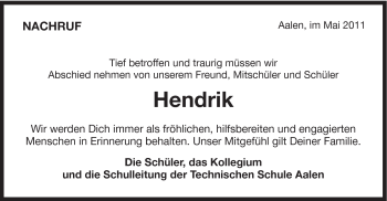 Traueranzeige von Hendrik - von Schwäbische Post