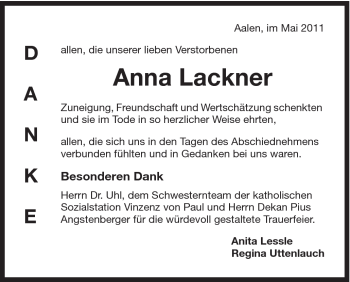 Traueranzeige von Anna Lackner von Schwäbische Post