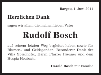 Traueranzeige von Rudolf Bosch von Gmünder Tagespost