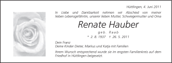 Traueranzeige von Renate Hauber von Schwäbische Post