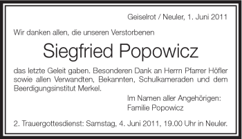 Traueranzeige von Siegfried Popowicz von Schwäbische Post