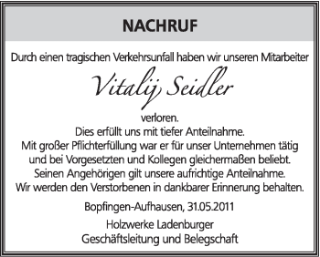 Traueranzeige von Vitalij Seidler von Schwäbische Post