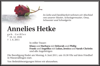 Traueranzeige von Annelies Hetke von Schwäbische Post