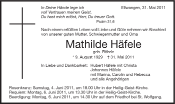 Traueranzeige von Mathilde Häfele von Schwäbische Post