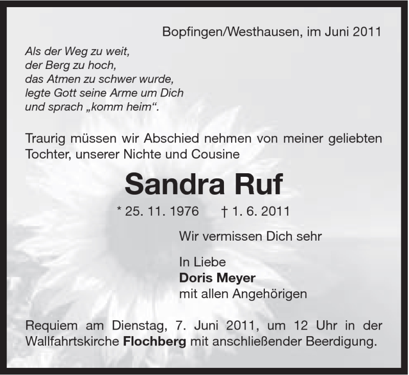  Traueranzeige für Sandra Ruf vom 04.06.2011 aus Schwäbische Post