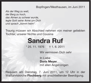 Traueranzeige von Sandra Ruf von Schwäbische Post