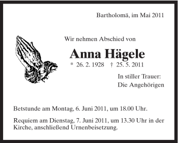 Traueranzeige von Anna Hägele von Gmünder Tagespost