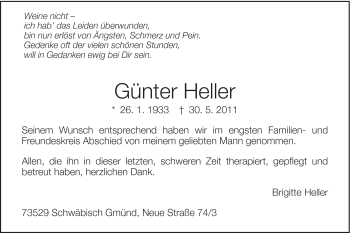 Traueranzeige von Günter Heller von Gmünder Tagespost