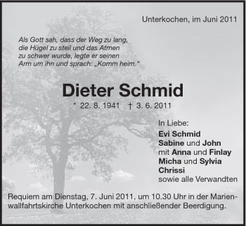 Traueranzeige von Dieter Schmid von Schwäbische Post