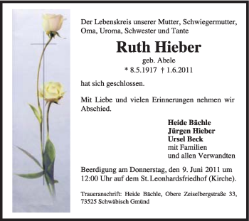 Traueranzeige von Ruth Hieber von Gmünder Tagespost