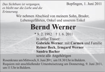 Traueranzeige von Bernd Werner von Schwäbische Post