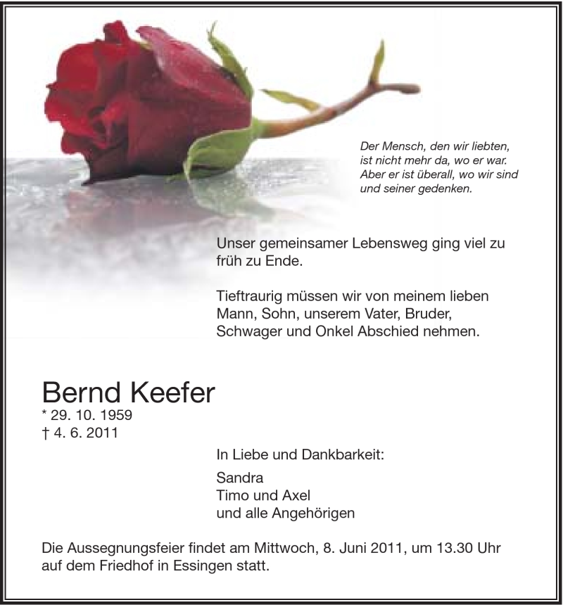  Traueranzeige für Bernd Keefer vom 06.06.2011 aus Schwäbische Post