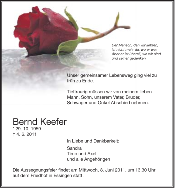 Traueranzeige von Bernd Keefer von Schwäbische Post
