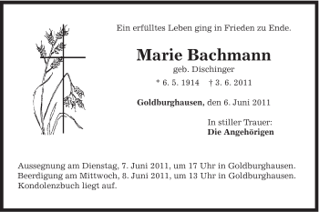 Traueranzeige von Marie Bachmann von Schwäbische Post