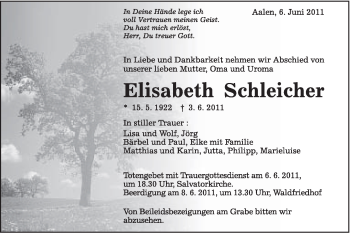 Traueranzeige von Elisabeth Schleicher von Schwäbische Post