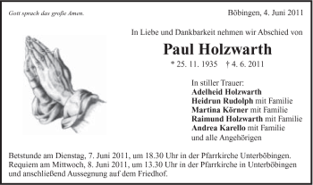 Traueranzeige von Paul Holzwarth von Gmünder Tagespost