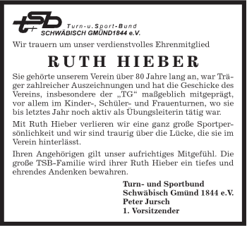 Traueranzeige von Ruth Hieber von Gmünder Tagespost
