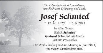 Traueranzeige von Josef Schmied von Schwäbische Post
