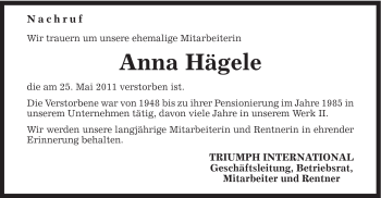 Traueranzeige von Anna Hägele von Gmünder Tagespost
