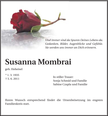 Traueranzeige von Susanna Mombrai von Schwäbische Post