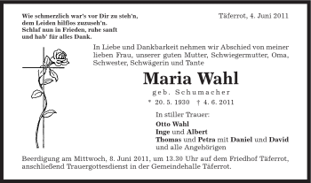 Traueranzeige von Maria Wahl von Gmünder Tagespost