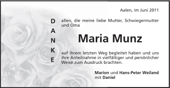 Traueranzeige von Maria Munz von Schwäbische Post
