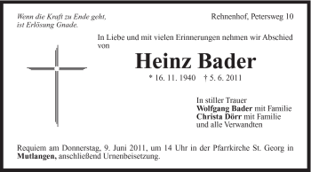 Traueranzeige von Heinz Bader von Gmünder Tagespost