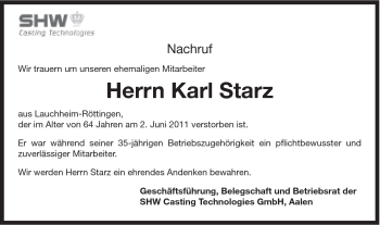 Traueranzeige von Karl Starz von Schwäbische Post