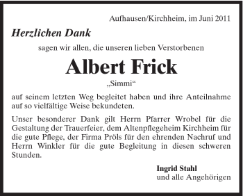 Traueranzeige von Albert Frick von Schwäbische Post