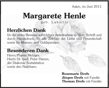 Traueranzeige von Margarete Henle von Schwäbische Post