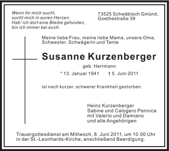 Traueranzeige von Susanne Kurzenberger von Gmünder Tagespost
