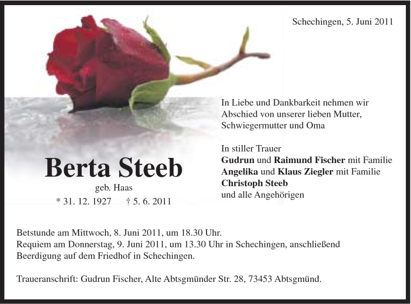  Traueranzeige für Berta Steeb vom 07.06.2011 aus 020