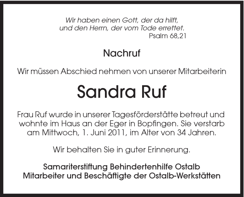  Traueranzeige für Sandra Ruf vom 07.06.2011 aus Schwäbische Post