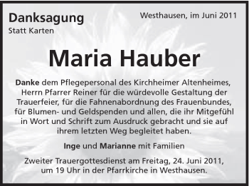Traueranzeige von Maria Hauber von Schwäbische Post