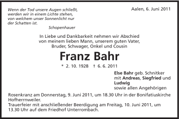 Traueranzeige von Franz Bahr von Schwäbische Post