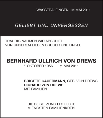 Traueranzeige von Bernhard Ullrich von Drews von Schwäbische Post