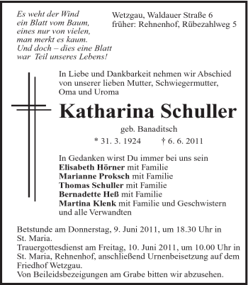 Traueranzeige von Katharina Schuller von Gmünder Tagespost