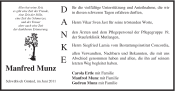 Traueranzeige von Manfred Munz von Gmünder Tagespost