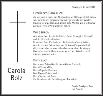 Traueranzeige von Carola Bolz von Schwäbische Post