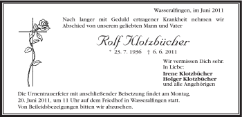 Traueranzeige von Rolf Klotzbücher von Schwäbische Post