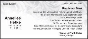 Traueranzeige von Annelies Hetke von Schwäbische Post