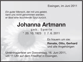 Traueranzeige von Johanna Artmann von Schwäbische Post