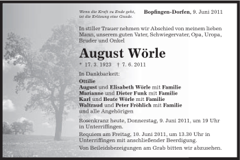 Traueranzeige von August Wörle von Schwäbische Post