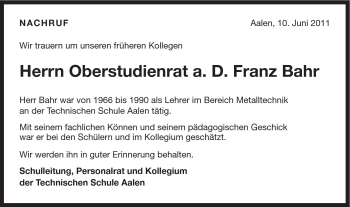 Traueranzeige von Franz Bahr von Schwäbische Post